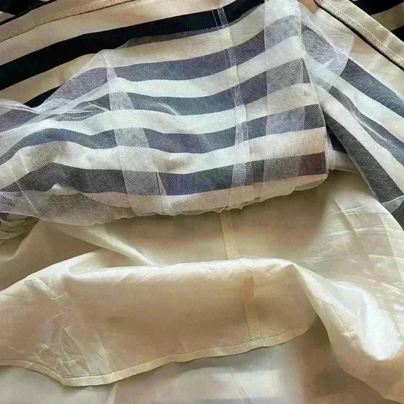 Eliza J Fit & Flare Pleated Navy Cream Striped Dress Belted Pink Bow Sash 6 - Picture 4 of 7